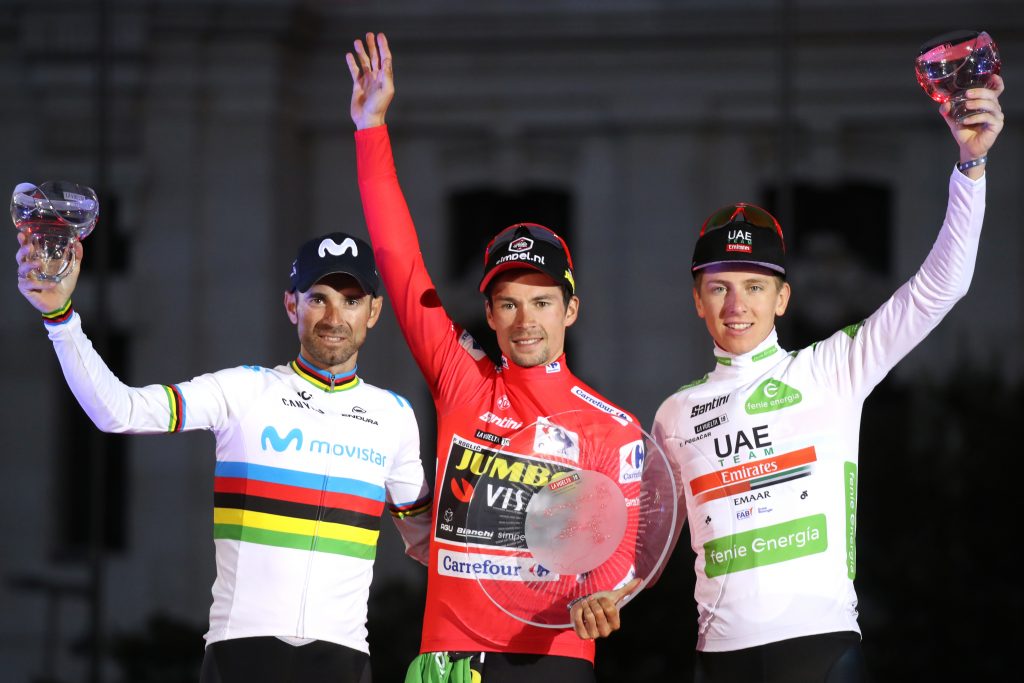 Cycling: Vuelta Espana 2019 PODIUM: Winner  Primoz ROGLIC  (SLO), 2nd   Alejandro VALVERDE  (ESP) 3rd and winner of the best young rider jersey Tadej  POGACAR (SLO)