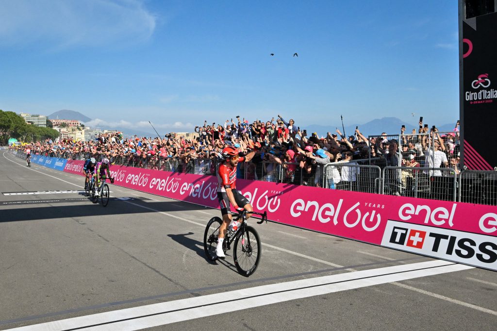 Photo Massimo Paolone/LaPresse  May 14, 2022 Naples  sport Cycling Giro d'Italia 2022 - 105th edition  Stage 8 Naples-Naples In the pic: Thomas De Gendt, Davide Gabburo, Jorge Arcas Peña